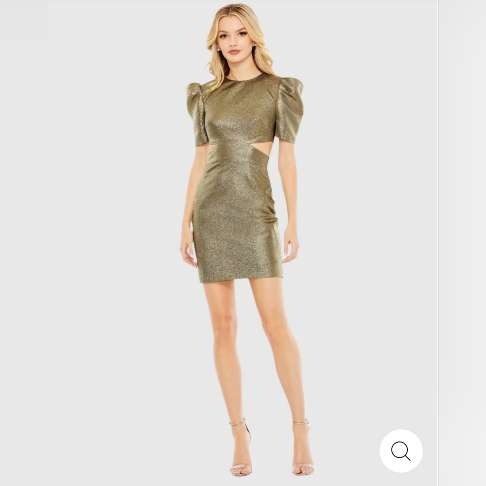 Mac Duggal Metallic Puff Sleeve Cut Out Mini Dress